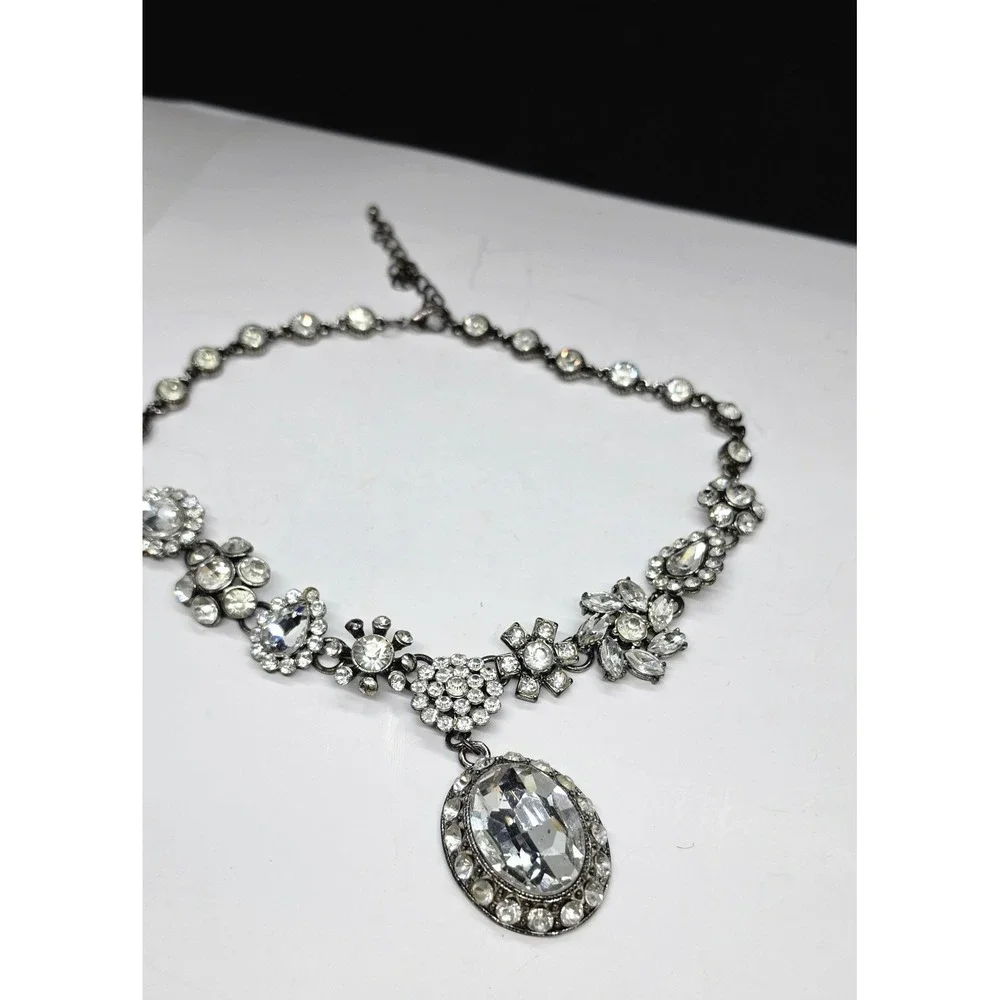 Vintage Rhinestone Flower Statement Gunmetal Necklace Large Oval Crystal Pendant